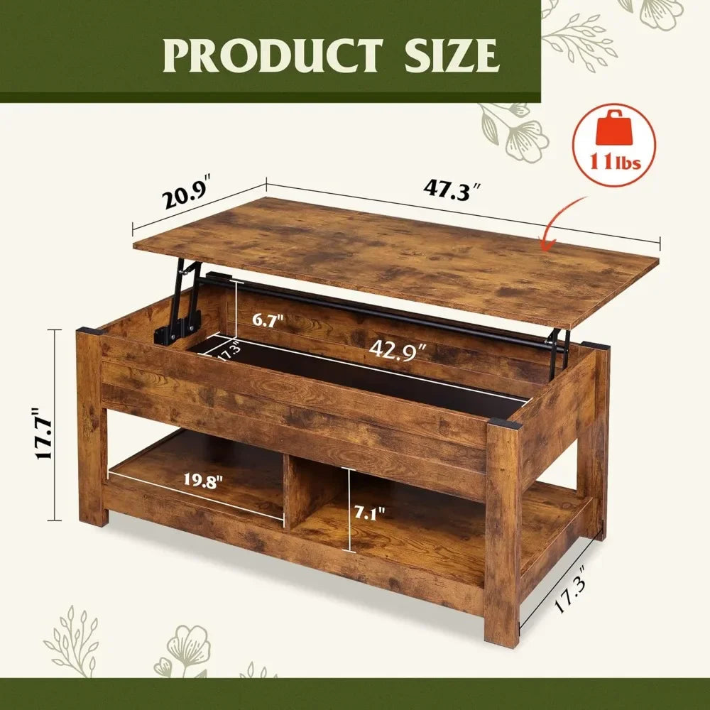 Coffee Table 47 Inch Lift Top Hidden Storage Shelves