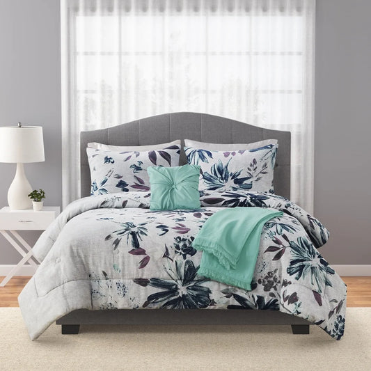 Blue Floral 5 Piece Comforter Set Full Queen Bedding