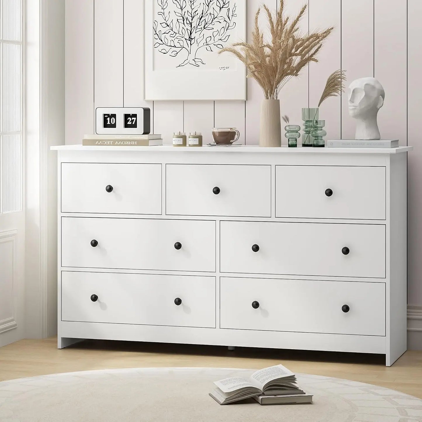 7 Drawer White Wooden Dresser 55 Inch Golden Handles Modern