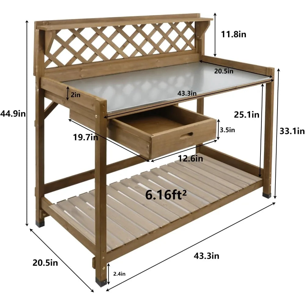 Outdoor Wooden Potting Bench with Metal Top and Storage Solutions
