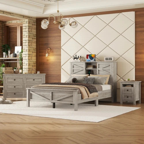 Antique Gray 3-Piece Bedroom Set with Storage Headboard