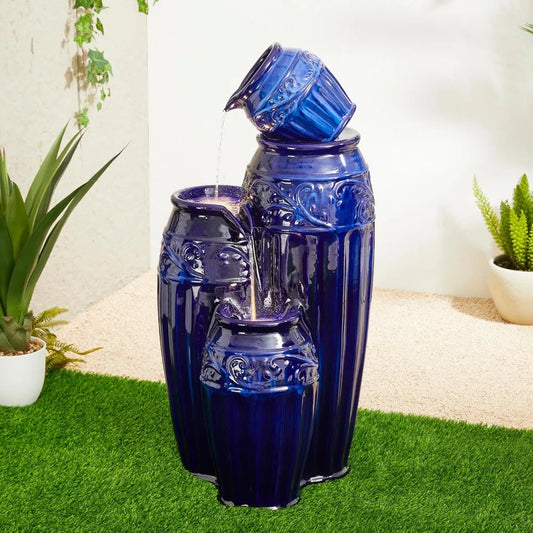 35.5 Inch Cobalt Blue Outdoor Water Fountain LED Lights