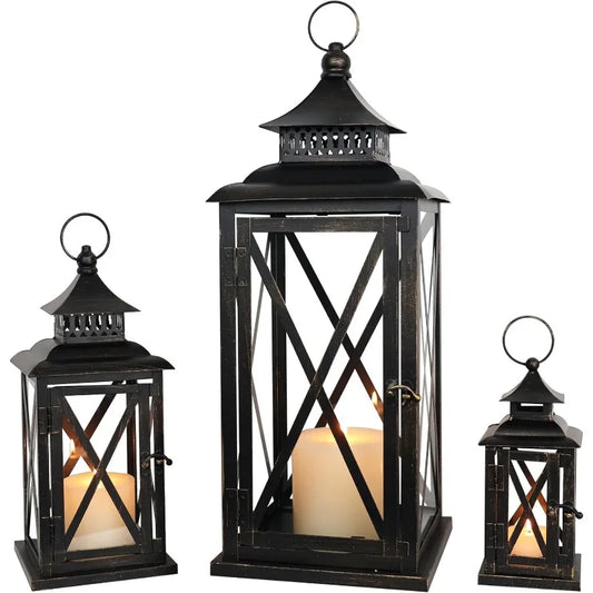 3 Piece Lantern Set Vintage Metal Frame Indoor Outdoor Porch