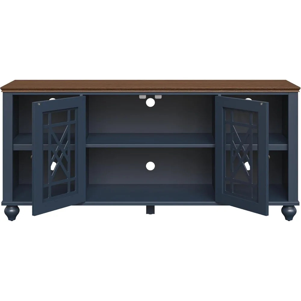 60 Inch Farmhouse TV Stand With Glass Doors And Shelves