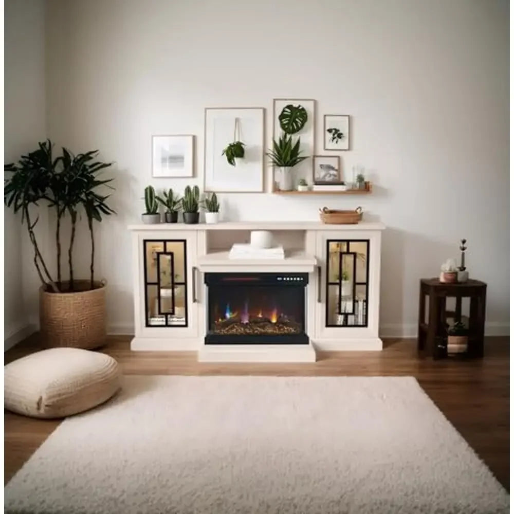 Farmhouse Glass Electric Fireplace TV Stand For 65 Inch TVs