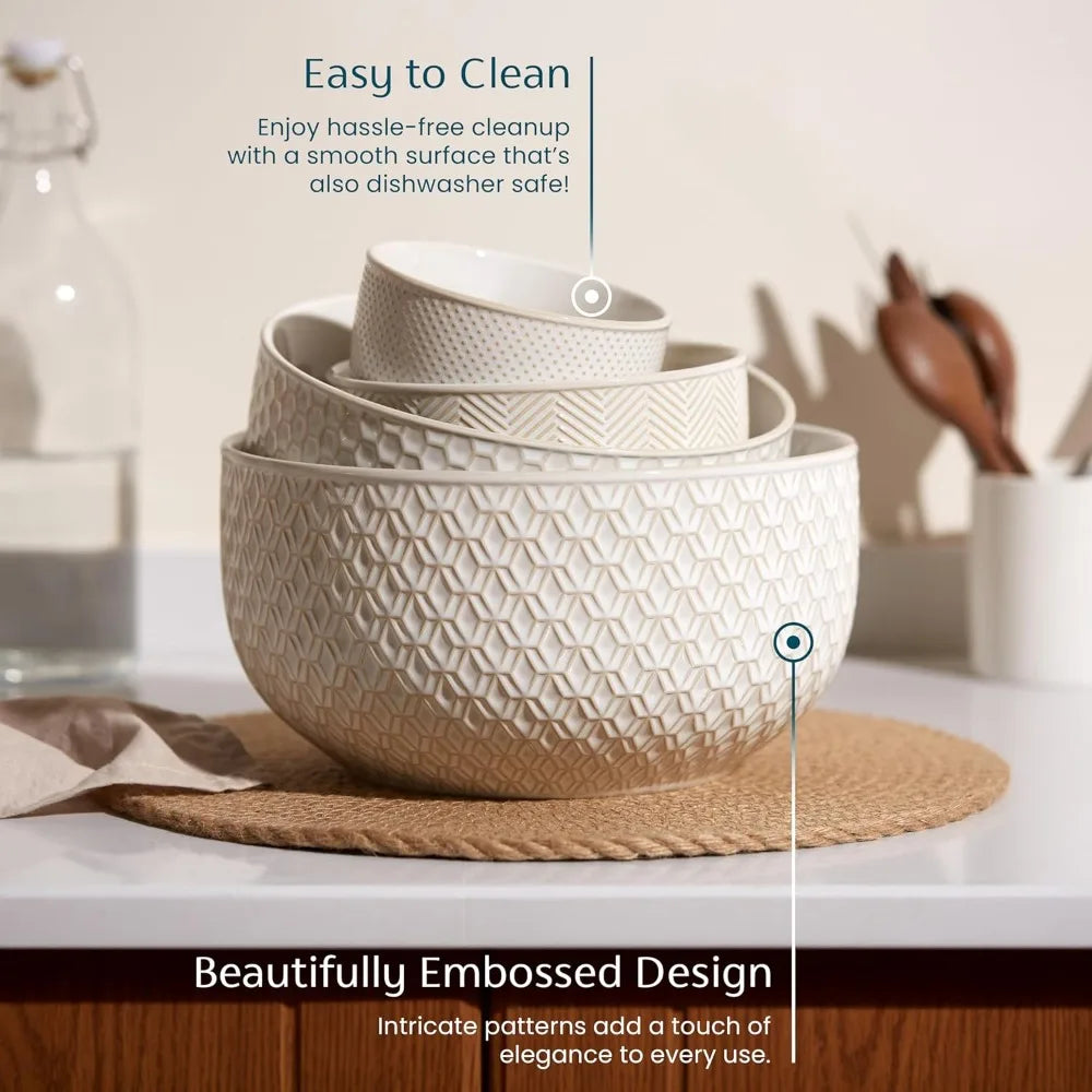 Ceramic Mixing Bowls Nesting Set of 4 Embossed Dishware