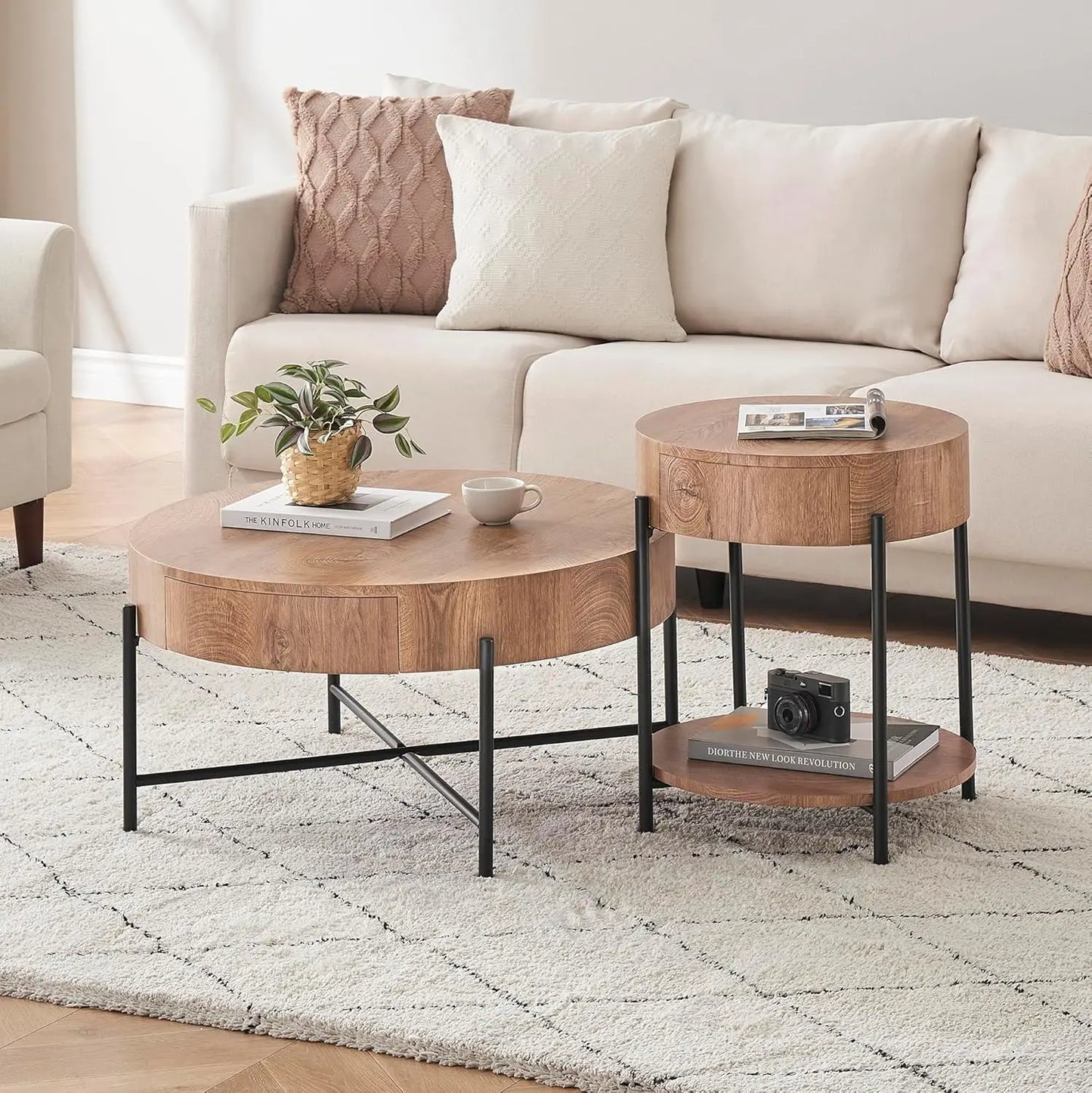 Round Coffee Table With Two Drawers Storage Farmhouse Wood