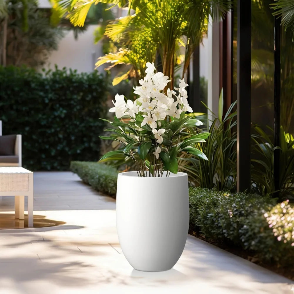 Modern Snow White Concrete Tall Planter with Drainage Hole