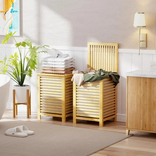 Double Laundry Hamper With Lid Bamboo Basket 120L Removable Liner