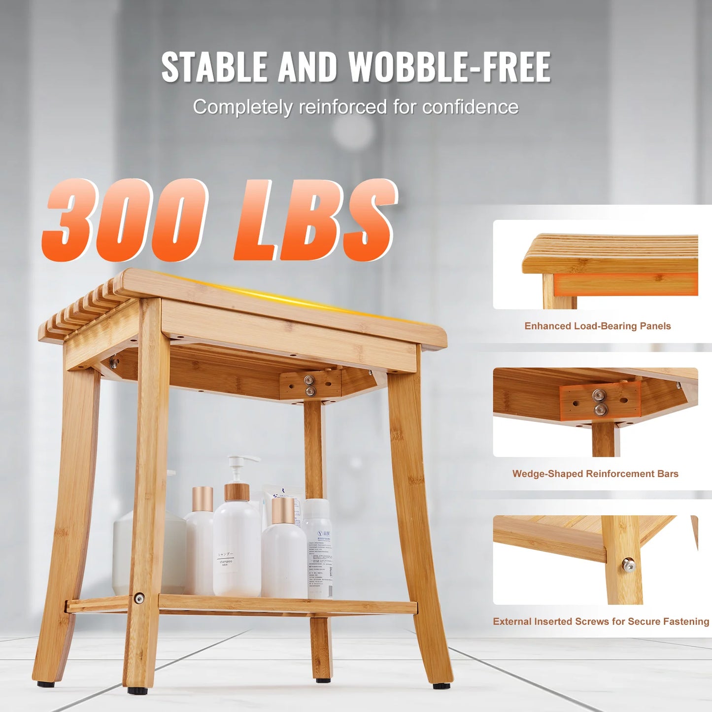 SucceBuy Bamboo Shower Bench With Storage Shelf 330lbs Load Capacity