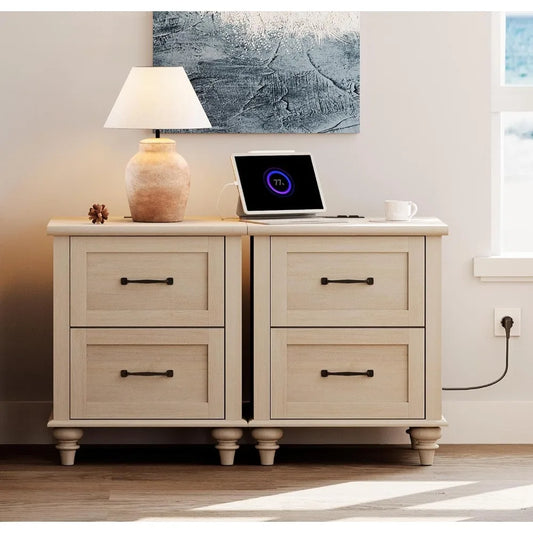 Beige Nightstands Set Of 2 With Charging Station Drawers
