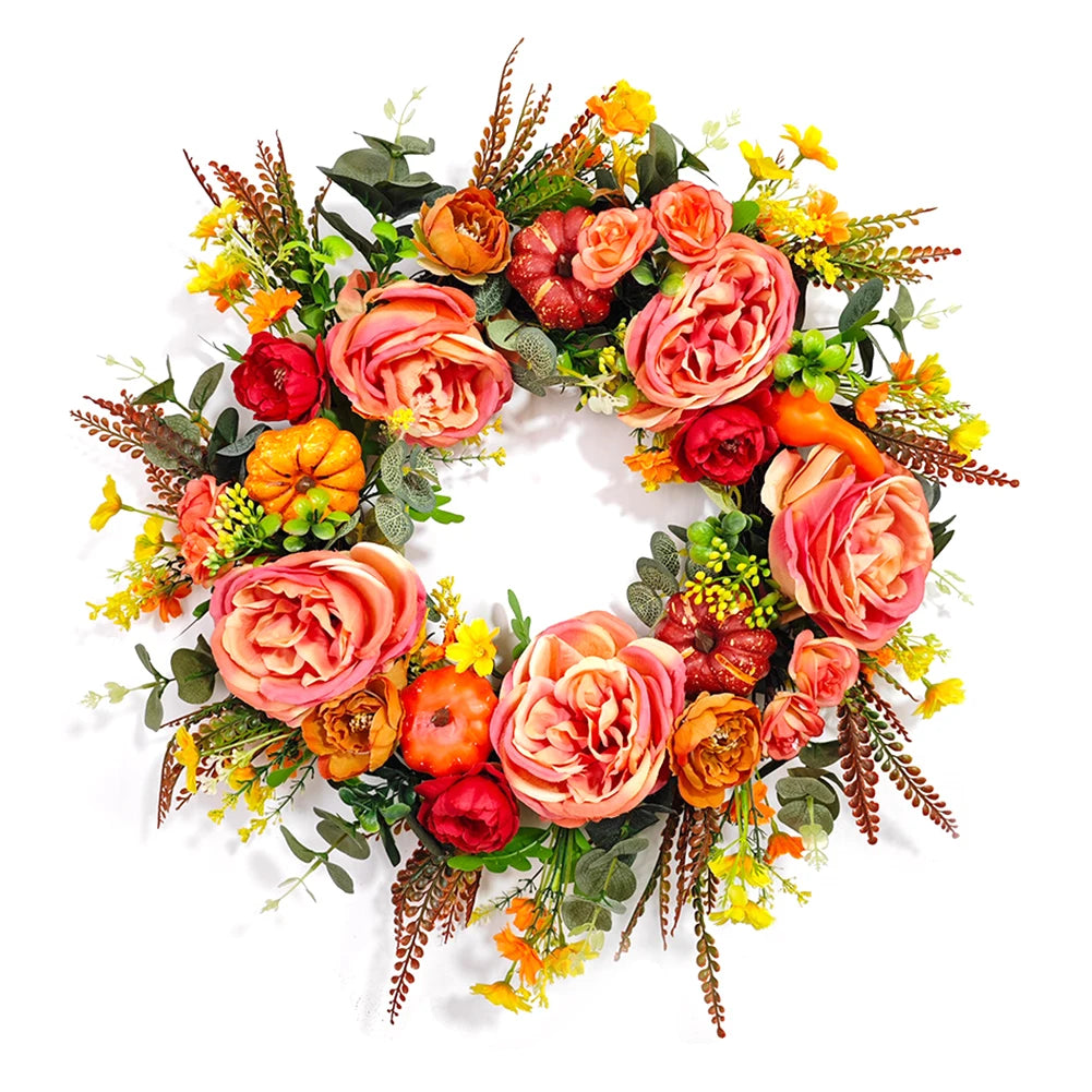Peony Pumpkin Wreath Decorative Autumn Garland Front Door