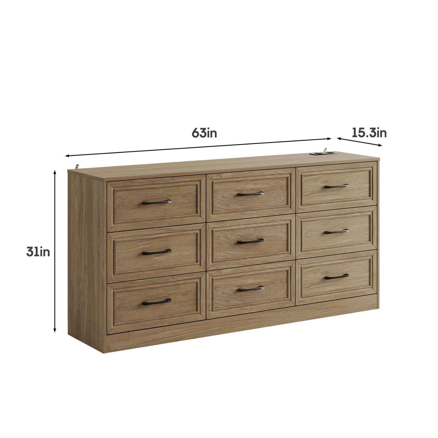 Vabches Wood Dresser For Bedroom 9 Drawers Power Outlet