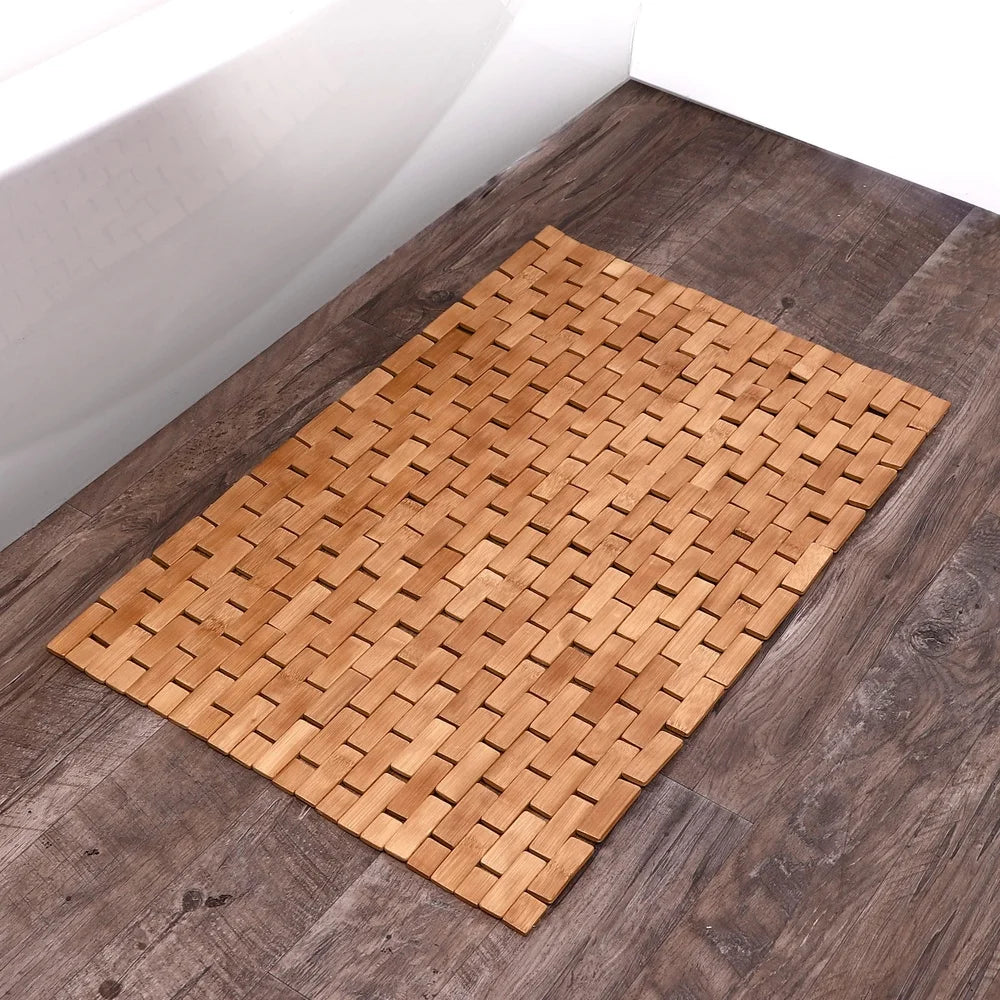 Bamboo Tile Bath Mat Non Slip Water Resistant 18x30 Inches