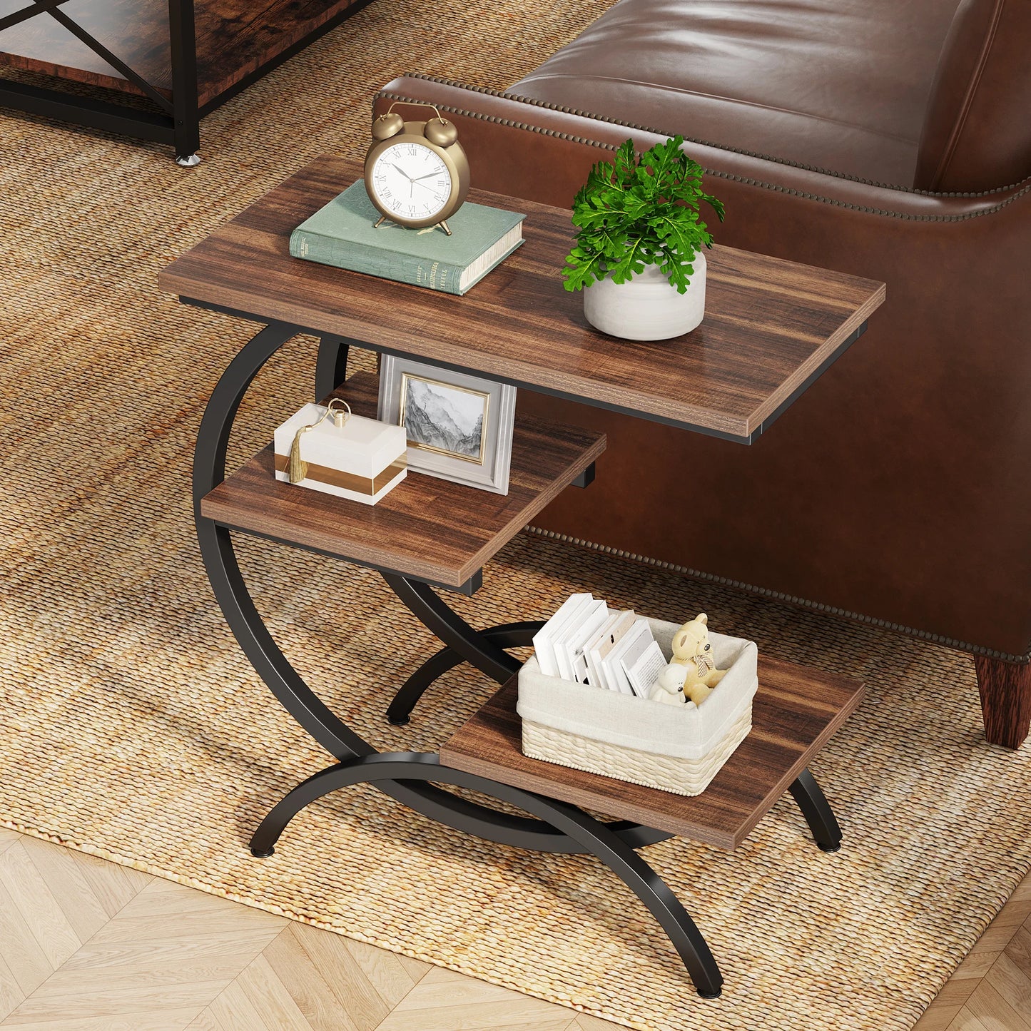 Tribesigns C Shaped End Table 3 Tier with Storage Shelves