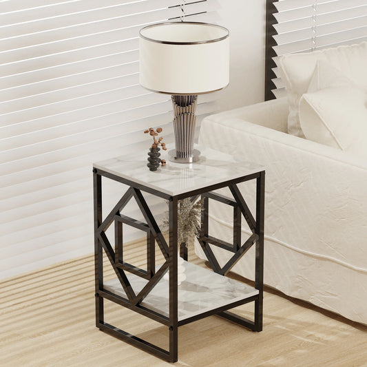 White Marble Top Side Table Sofa End Table With Black Frame
