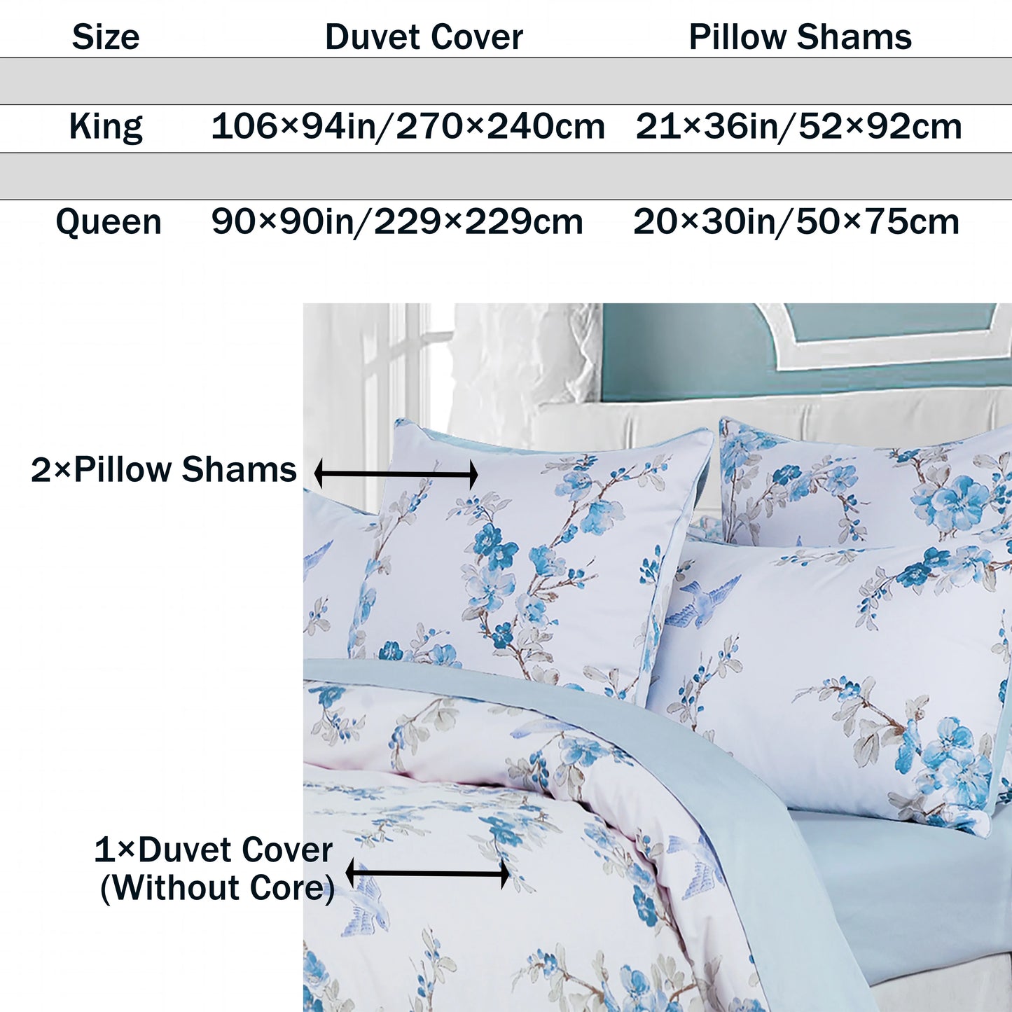 600TC Egyptian Cotton Duvet Cover Set in Blue Floral