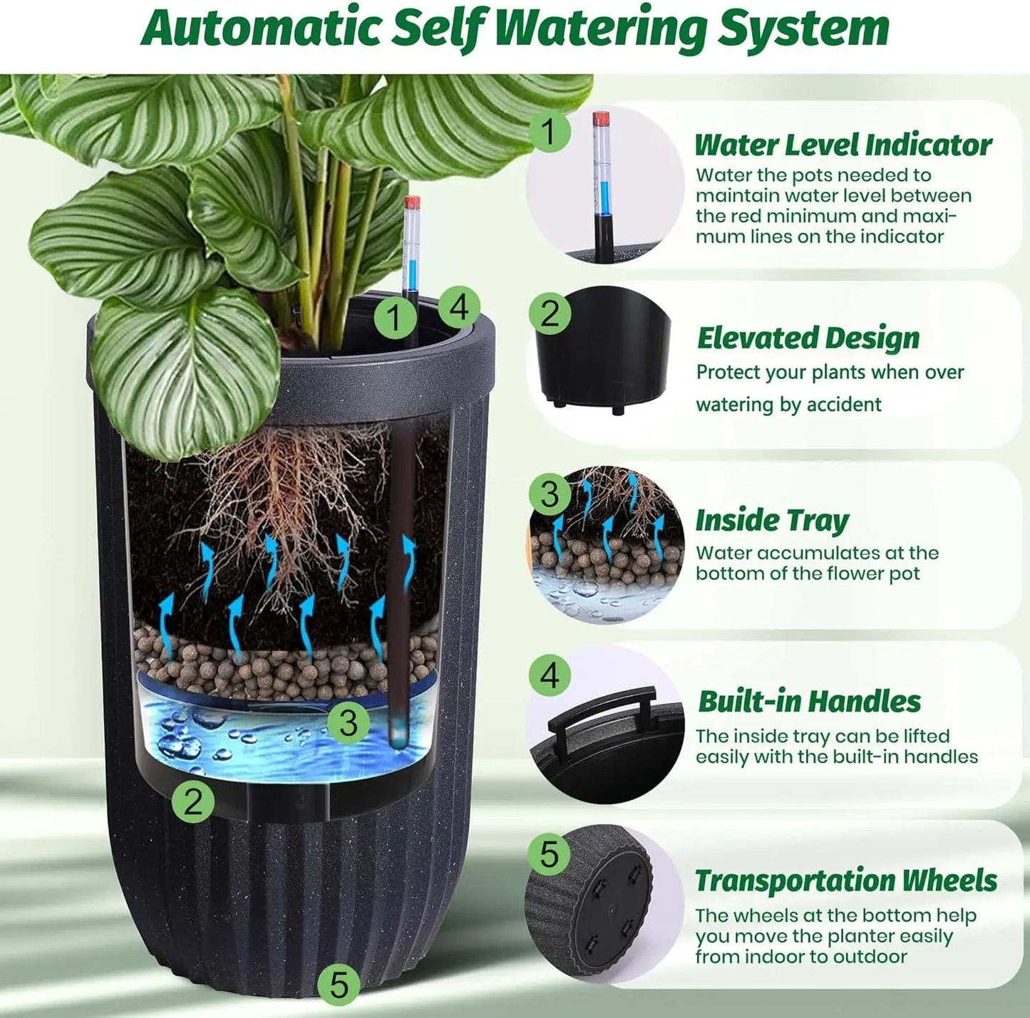 HiMISSH Self Watering Marble Planters Set of 2 With Monitor