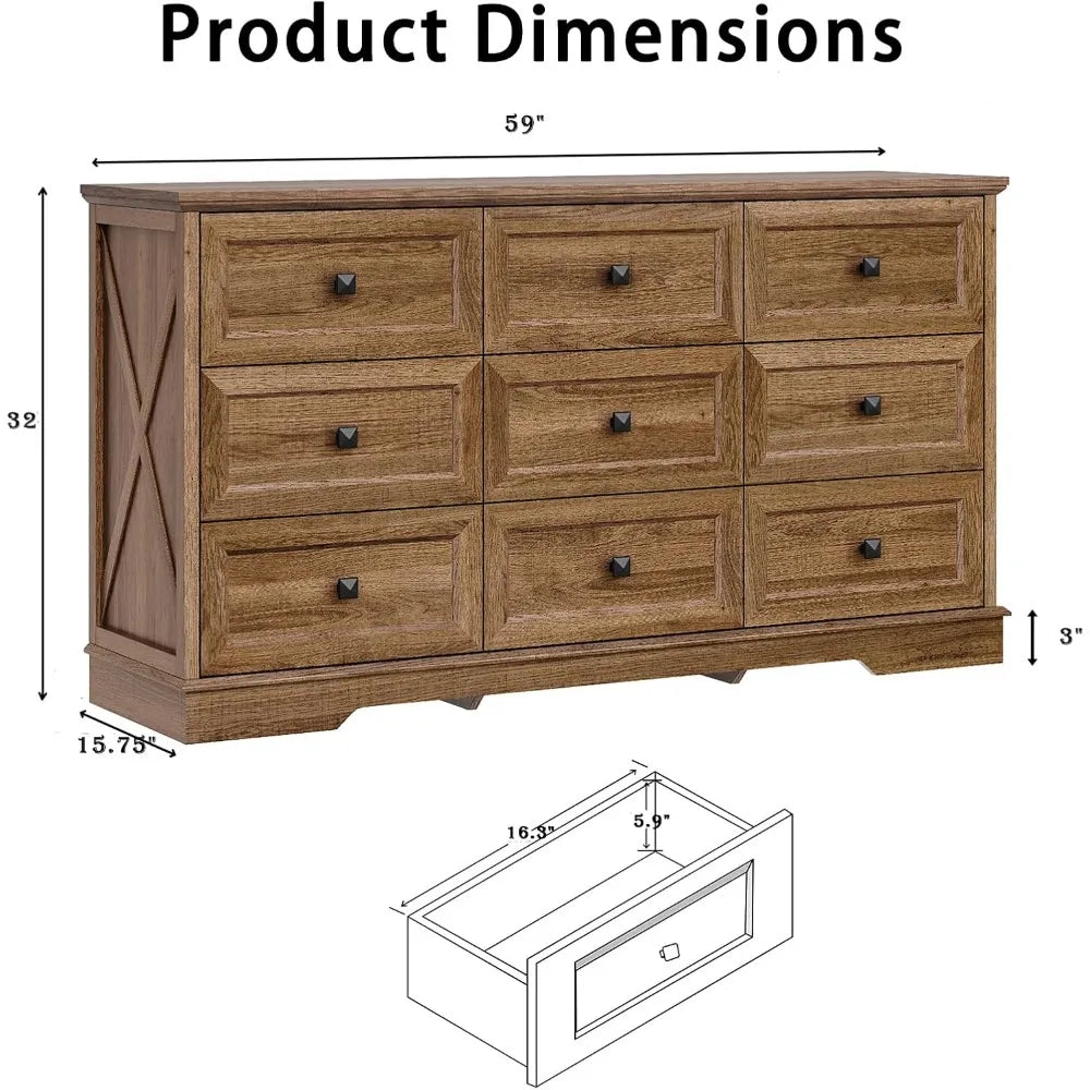 Farmhouse 9 Drawer Dresser 59 Inch Wide Bedroom Storage