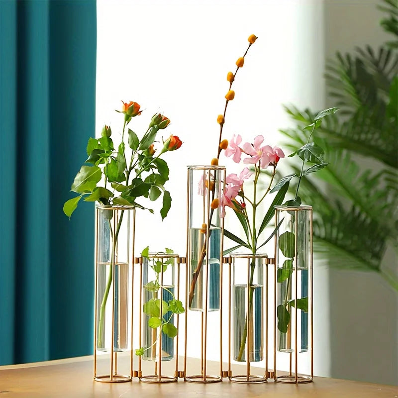 Gold Test Tube Vase Set With 5 Tubes And Stand Centerpiece