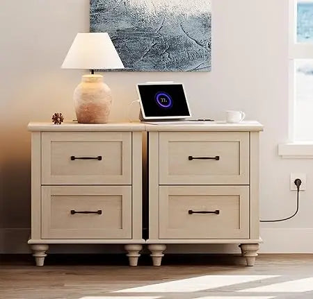 Beige Nightstands Set Of 2 With Charging Station Drawers
