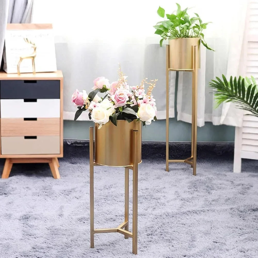 Gold Round Flower Pot Plant Stand Set For Multiple Pots