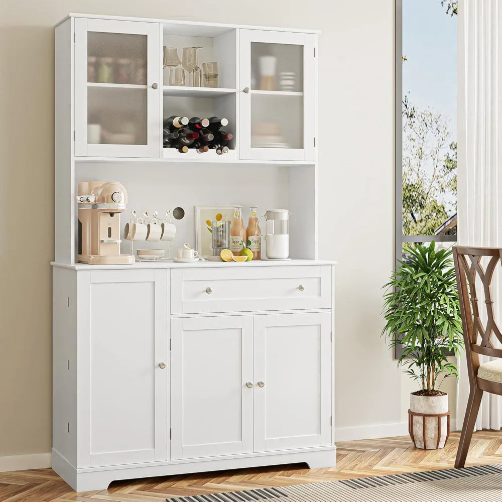 Tall Kitchen Pantry Cabinet with Microwave Stand and Wine Rack
