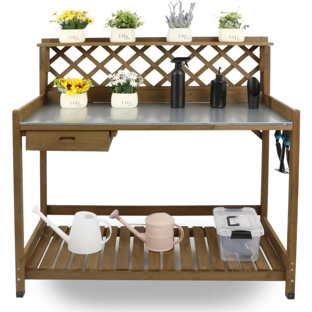 Outdoor Wooden Potting Bench with Metal Top and Storage Solutions
