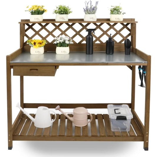 Outdoor Wooden Potting Bench with Metal Top and Storage Solutions