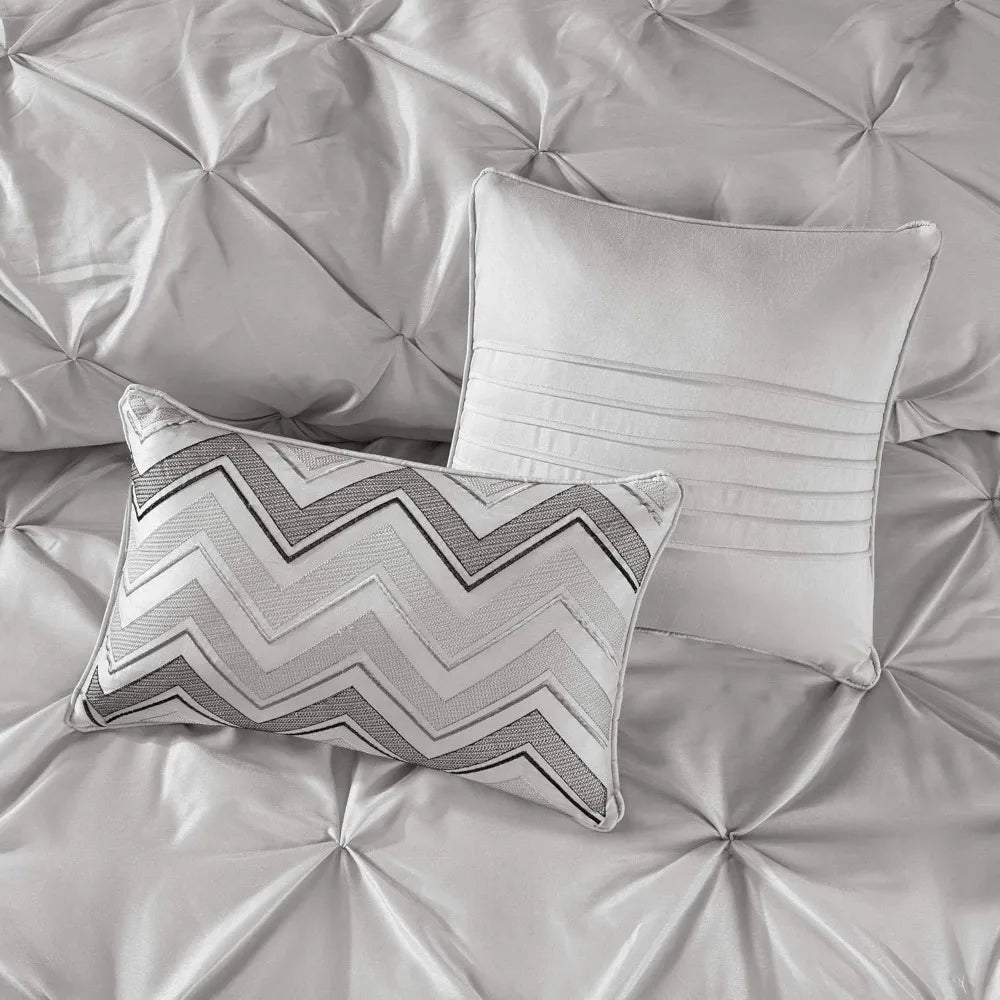 Grey Faux Silk Comforter Set With Luxe Diamond Tufting 24pc