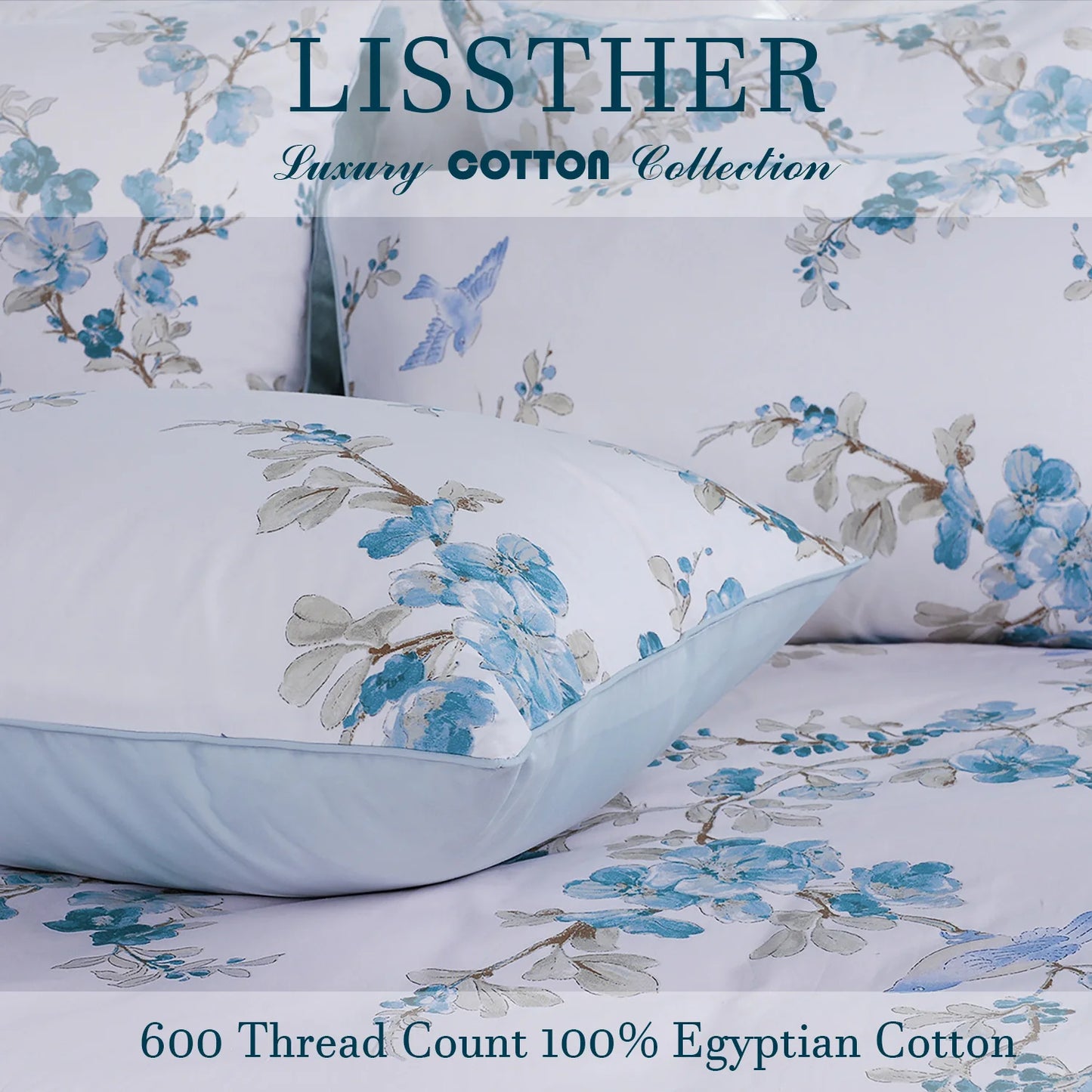 600TC Egyptian Cotton Duvet Cover Set in Blue Floral
