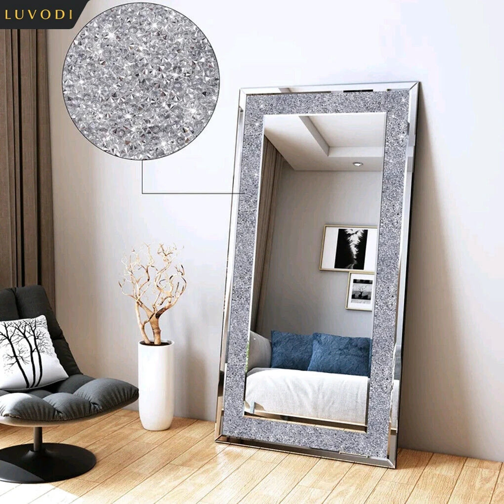 LUVODI Large Silver Crystal Rhinestone Framed Vanity Mirror