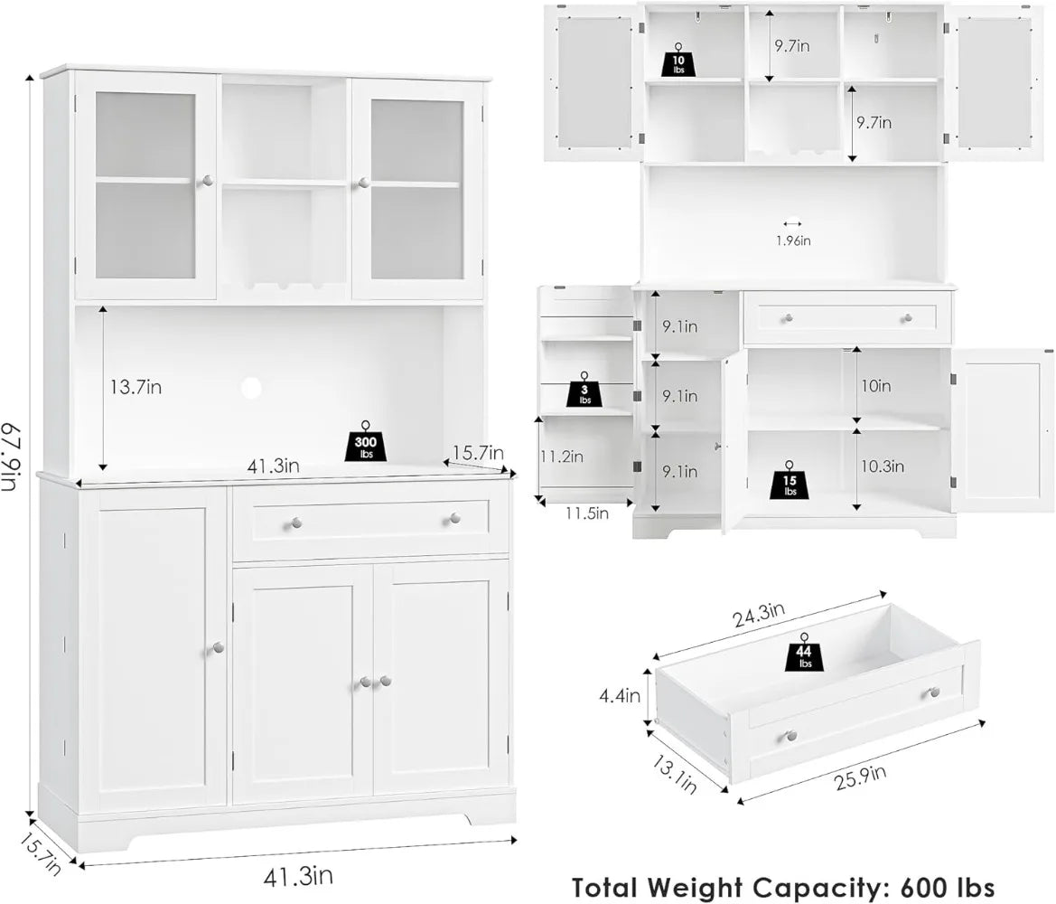 Tall Kitchen Pantry Cabinet with Microwave Stand and Wine Rack