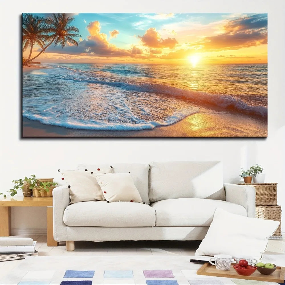 Pine Solid Wood Frame Canvas Wall Art Ocean Sunset Beach