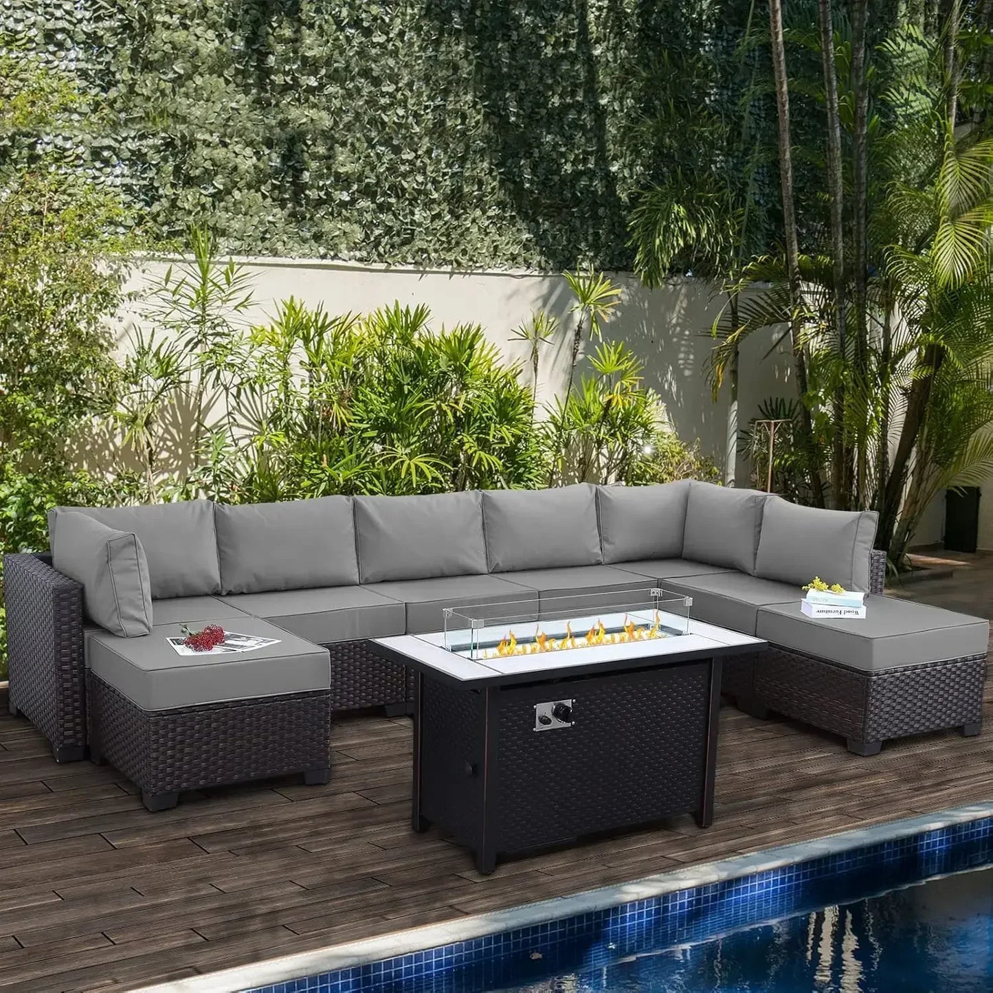 9 Piece Wicker Patio Set With Peacock Cushions And Storage