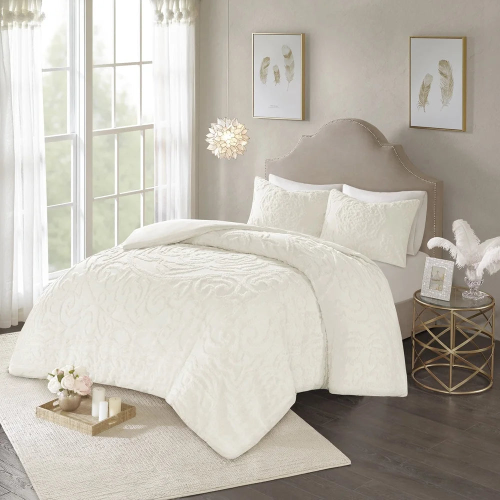 3 Piece Cotton Duvet Cover Set Full Queen Tufted Chenille