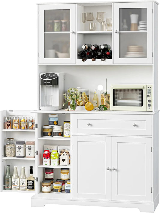 Tall Kitchen Pantry Cabinet with Microwave Stand and Wine Rack