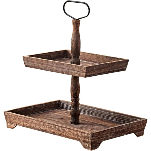 Vintage Rustic Wooden Tray Stand Two Tier For Home Kitchen