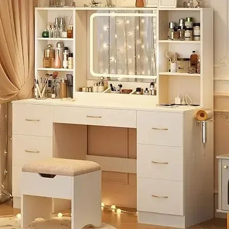 47 Inch Vanity Desk With Mirror And LED Lights 3 Modes Black