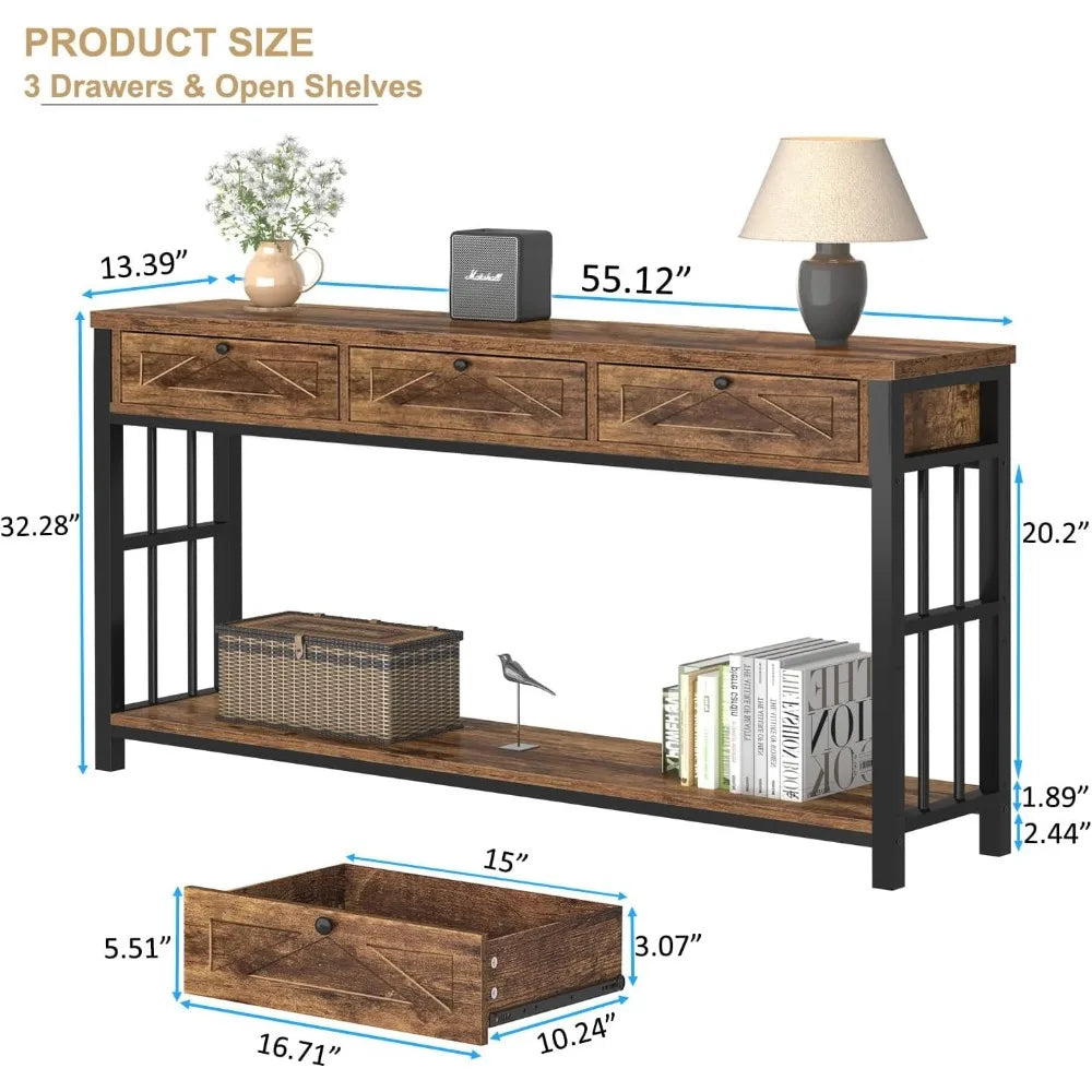 Entryway Table With 3 Drawers 55 Inch Rustic Console Storage