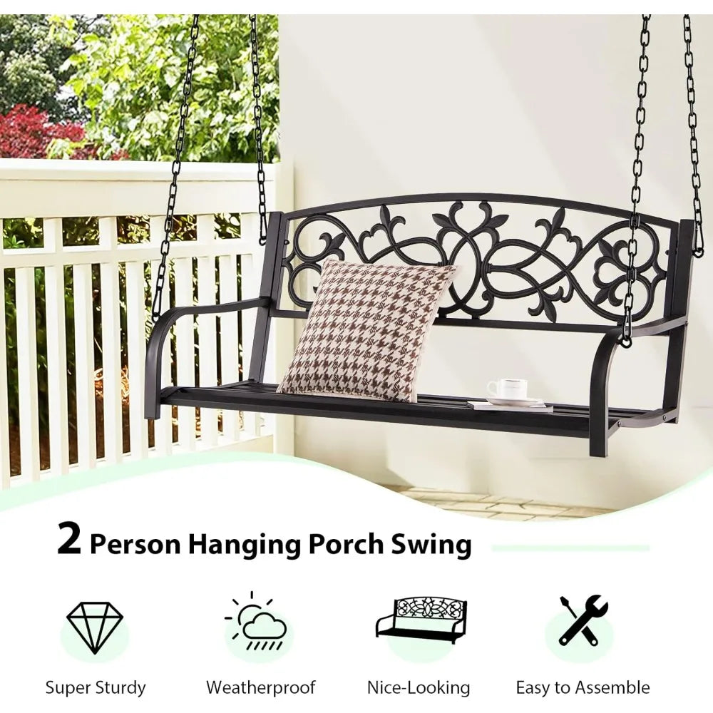 Patio Metal Porch Swing Two Person Bench With Retro Backrest