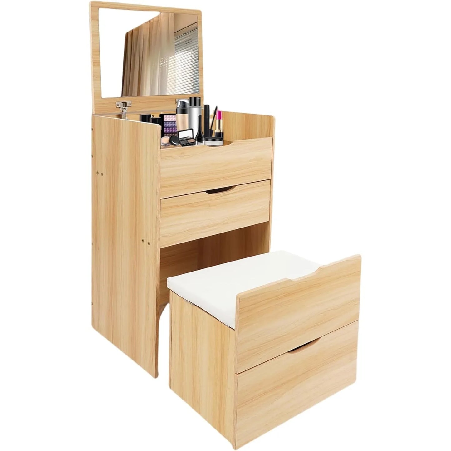 Log Color 3 In 1 Flip Top Vanity Desk With Mirror And Stool
