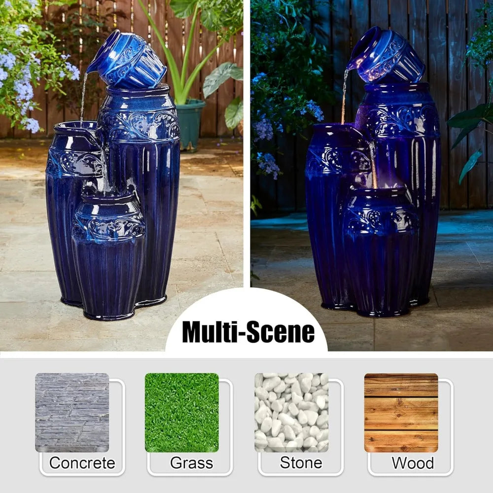 35.5 Inch Cobalt Blue Outdoor Water Fountain LED Lights