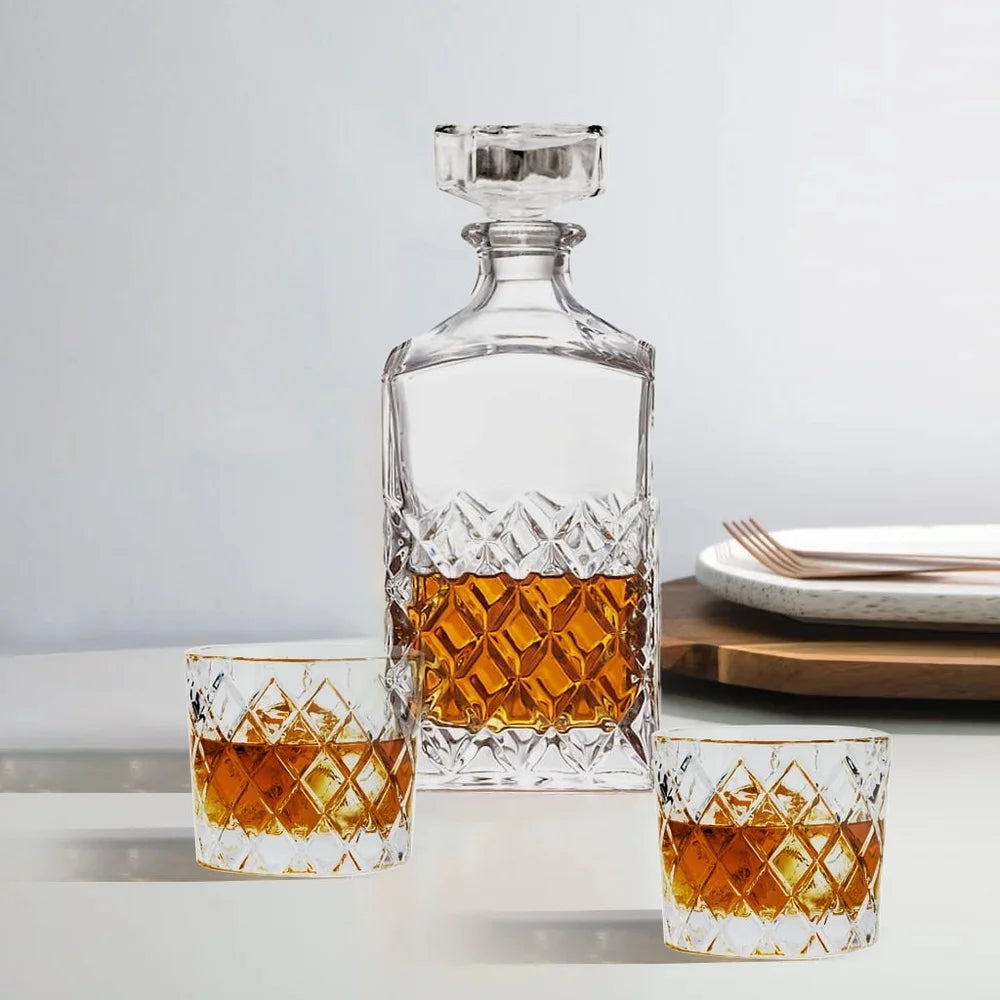 Diamond Cut Clear Decanter And Old Fashioned Glass Set 32oz