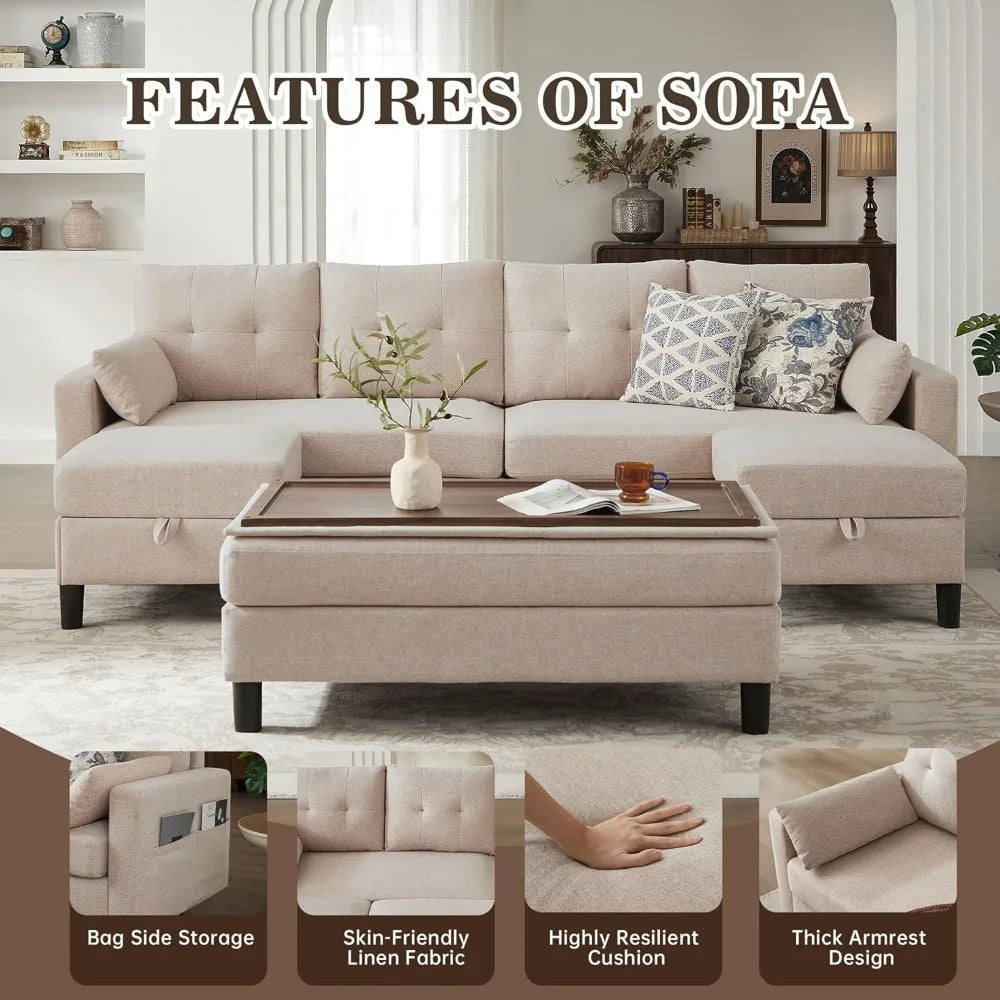 Convertible Sectional Sofa With Linen Fabric Ottoman Table