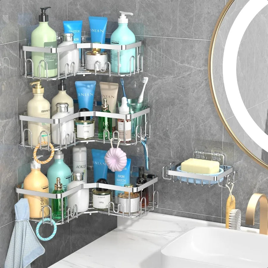 4 Pack Rustproof Corner Shower Caddy with Adhesive Shelves