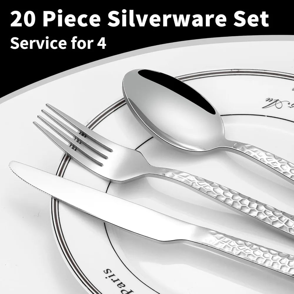 Hammered Silverware Set 20 Piece Stainless Steel Cutlery