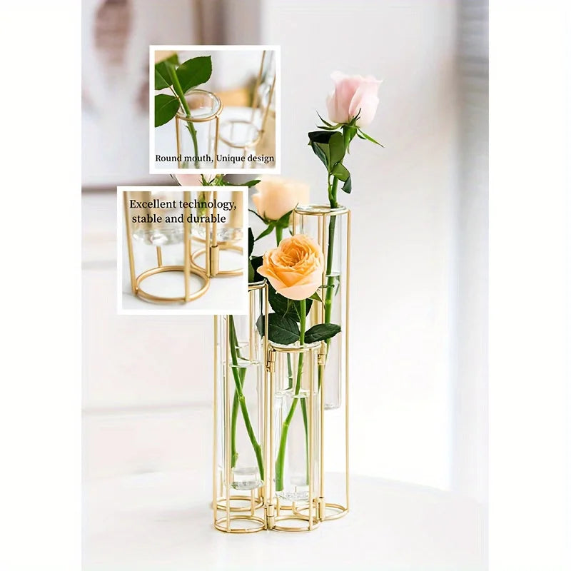 Gold Test Tube Vase Set With 5 Tubes And Stand Centerpiece
