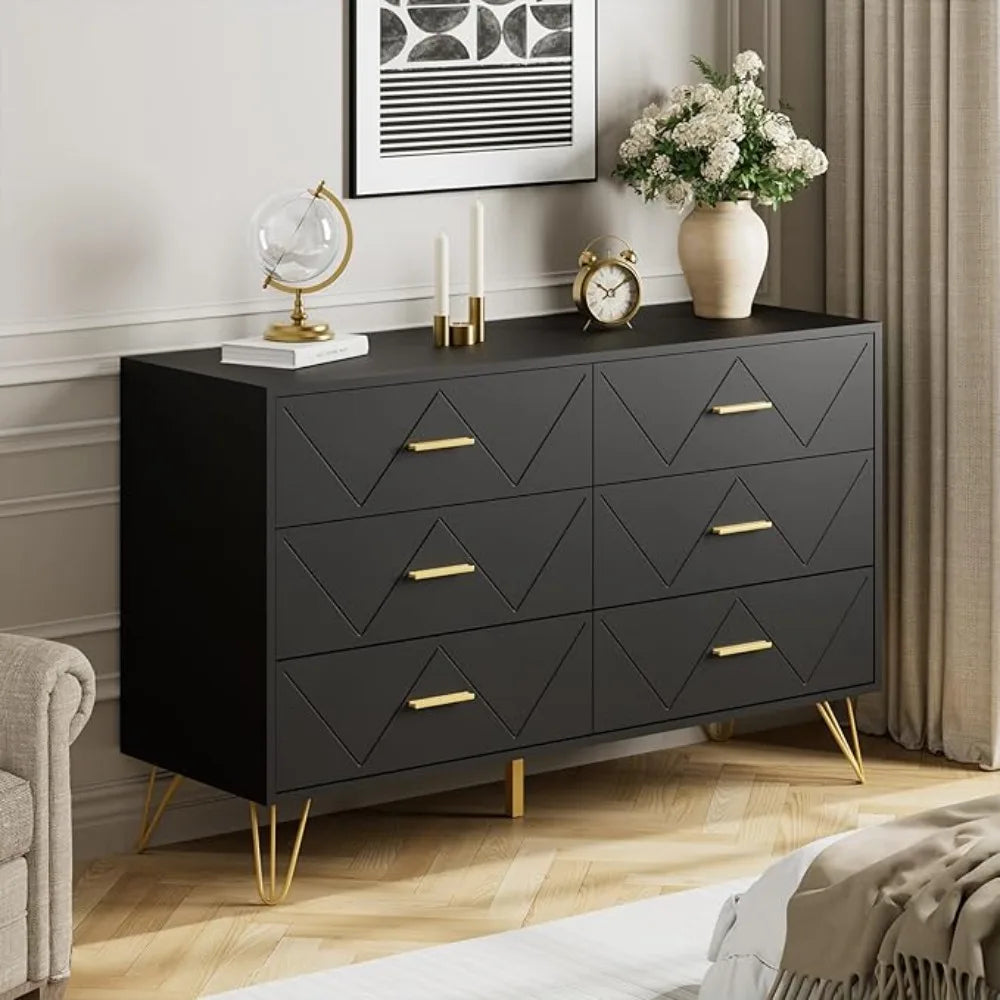6 Drawer Black Wooden Dressing Table With Gold Handles