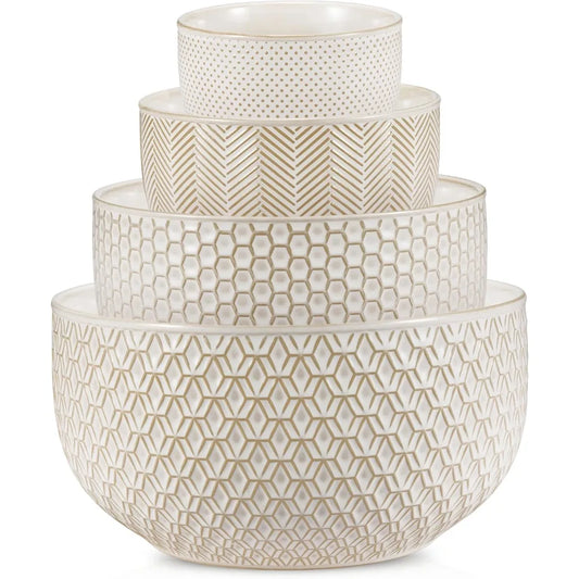 Ceramic Mixing Bowls Nesting Set of 4 Embossed Dishware